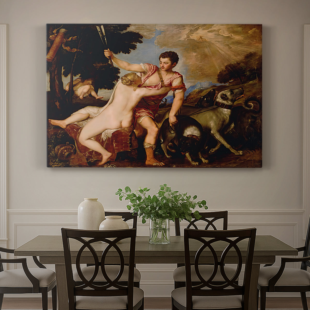 Canvas art print featuring a mythological couple in dramatic embrace as Adonis prepares to depart, showcased as a statement wall artwork