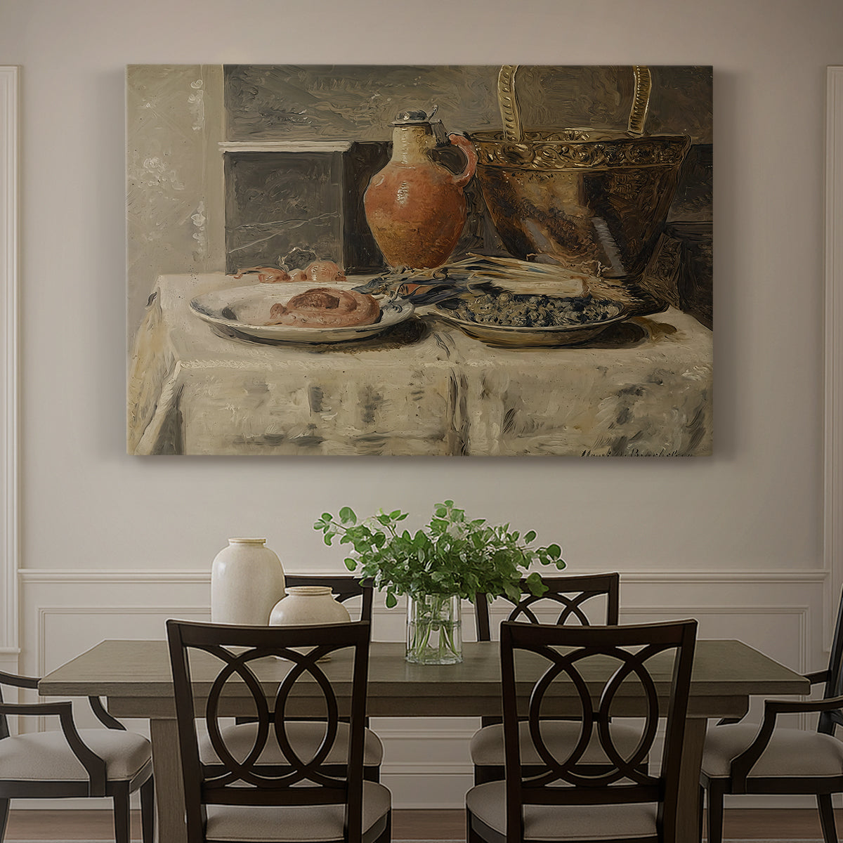 Canvas art print featuring a simple still life arrangement with jar and objects on table, showcased as a statement wall artwork