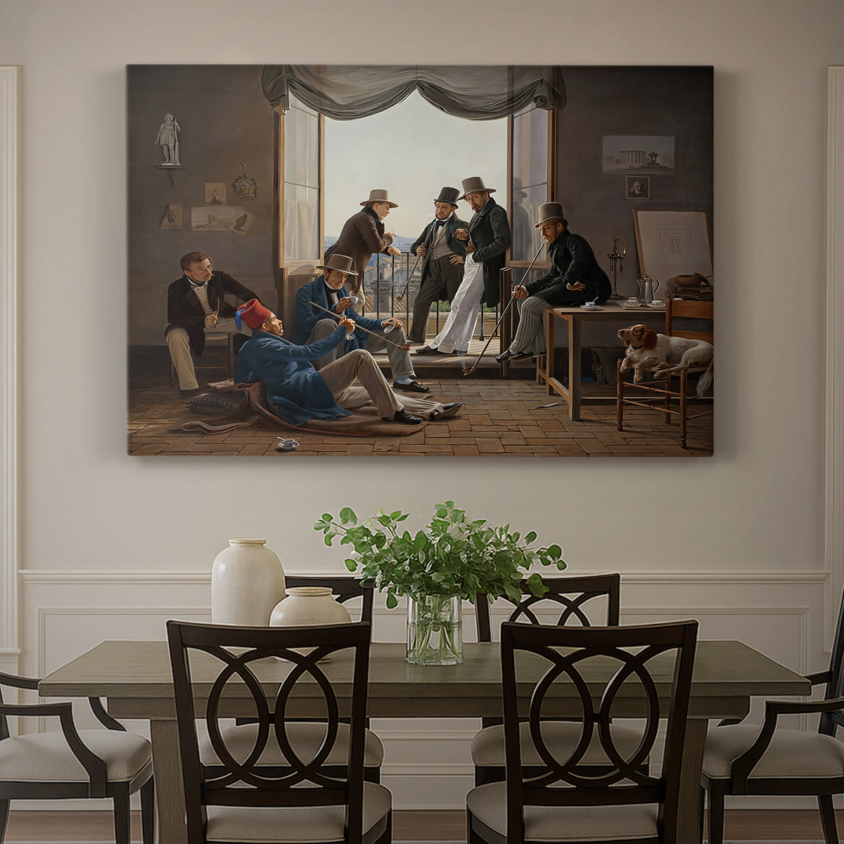 Canvas art print featuring an interior composition filled with figures in festive interaction, showcased as a statement wall artwork