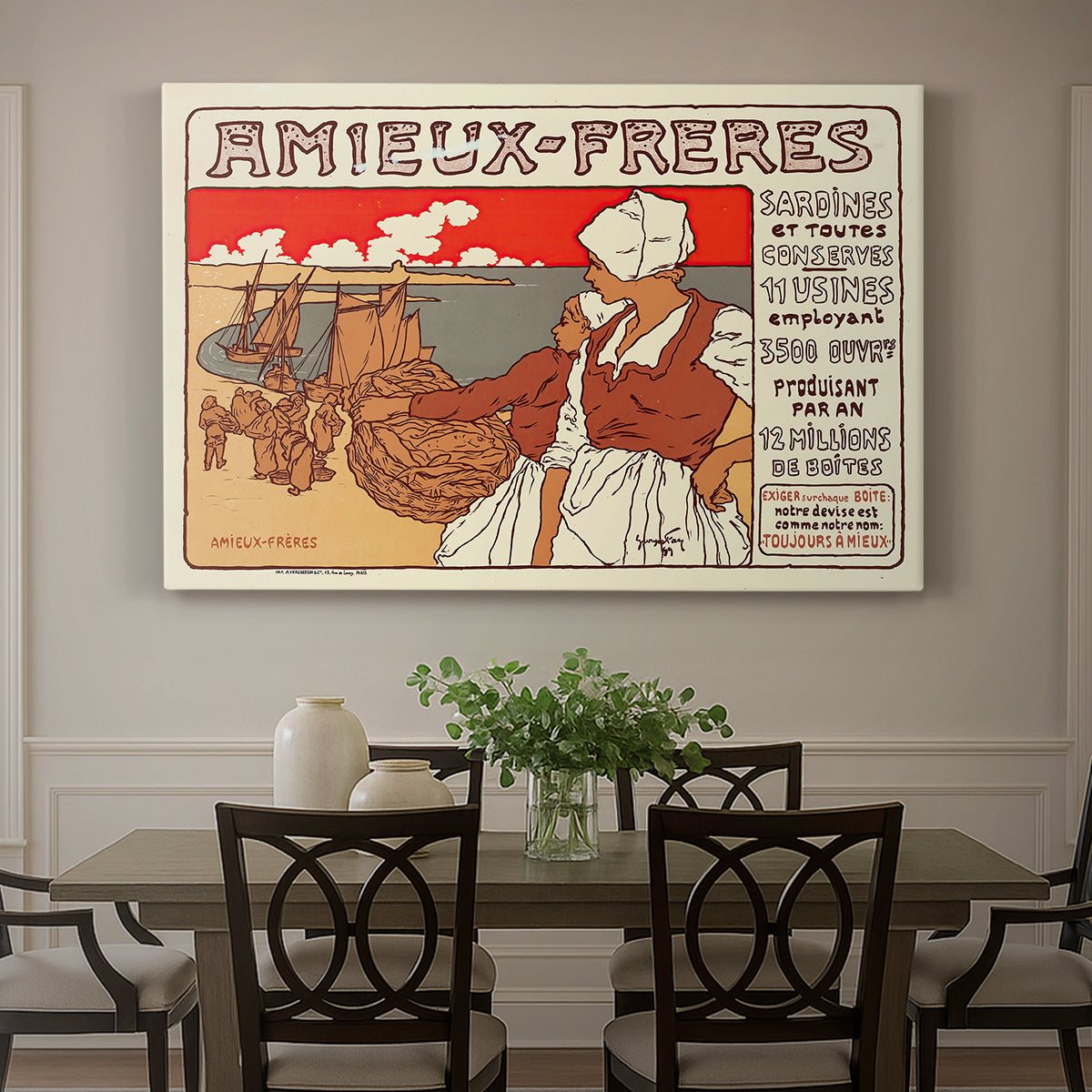 Canvas art print featuring a vintage Art Nouveau advertisement poster with illustrated figures and decorative typography, showcased as a statement wall artwork