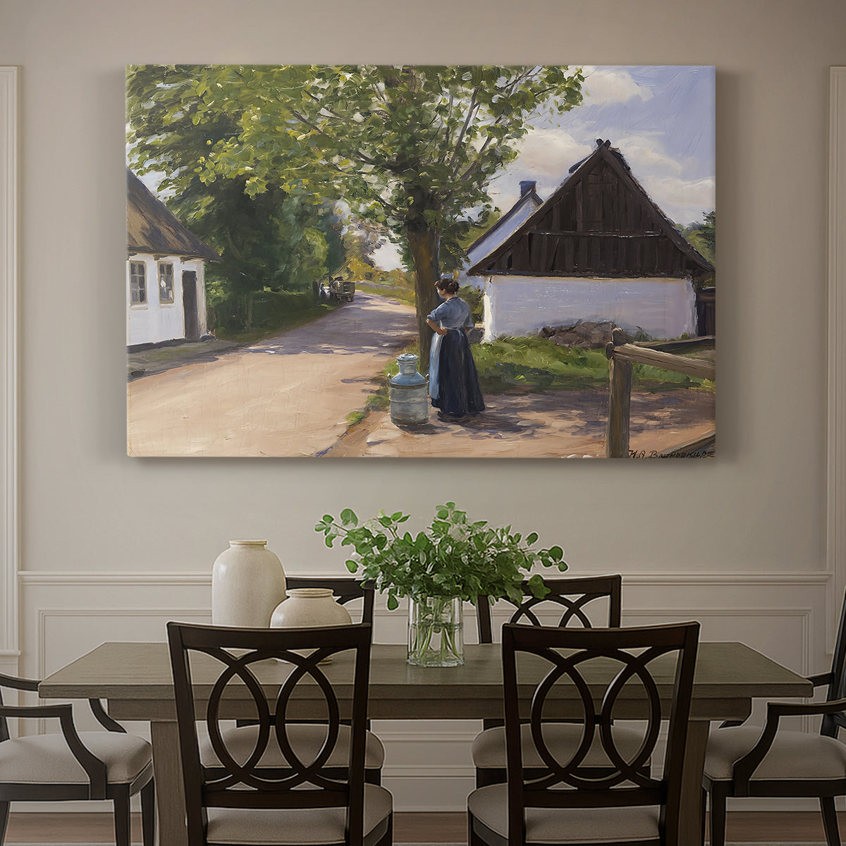 Canvas art print featuring a woman and milkman standing along village street with houses nearby, showcased as a statement wall artwork