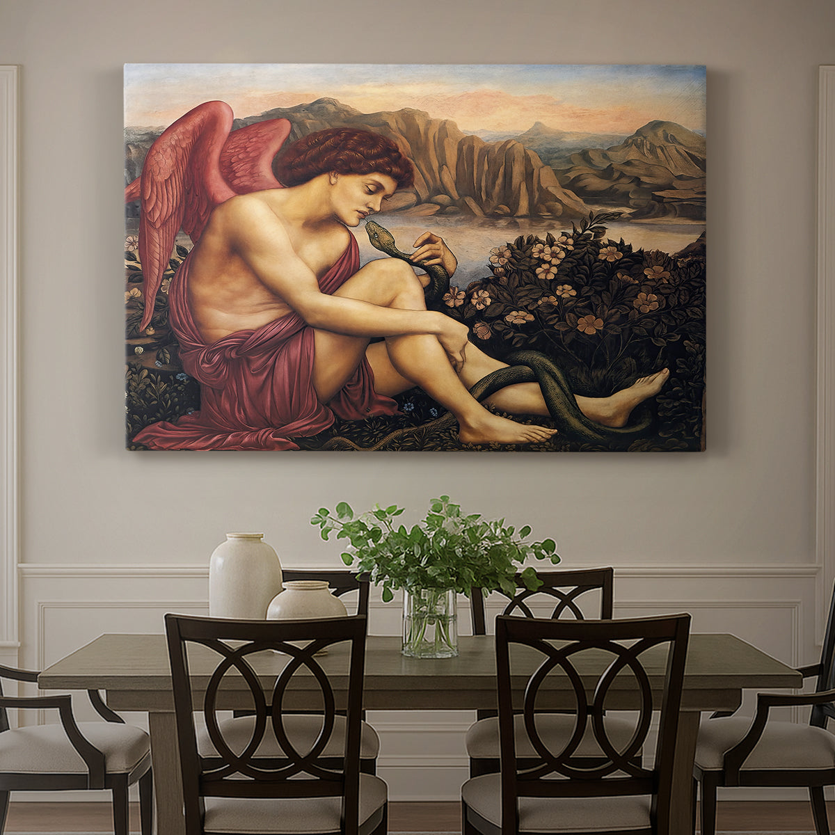 Canvas art print featuring an angelic figure confronting serpent in symbolic battle of good and evil, showcased as a statement wall artwork