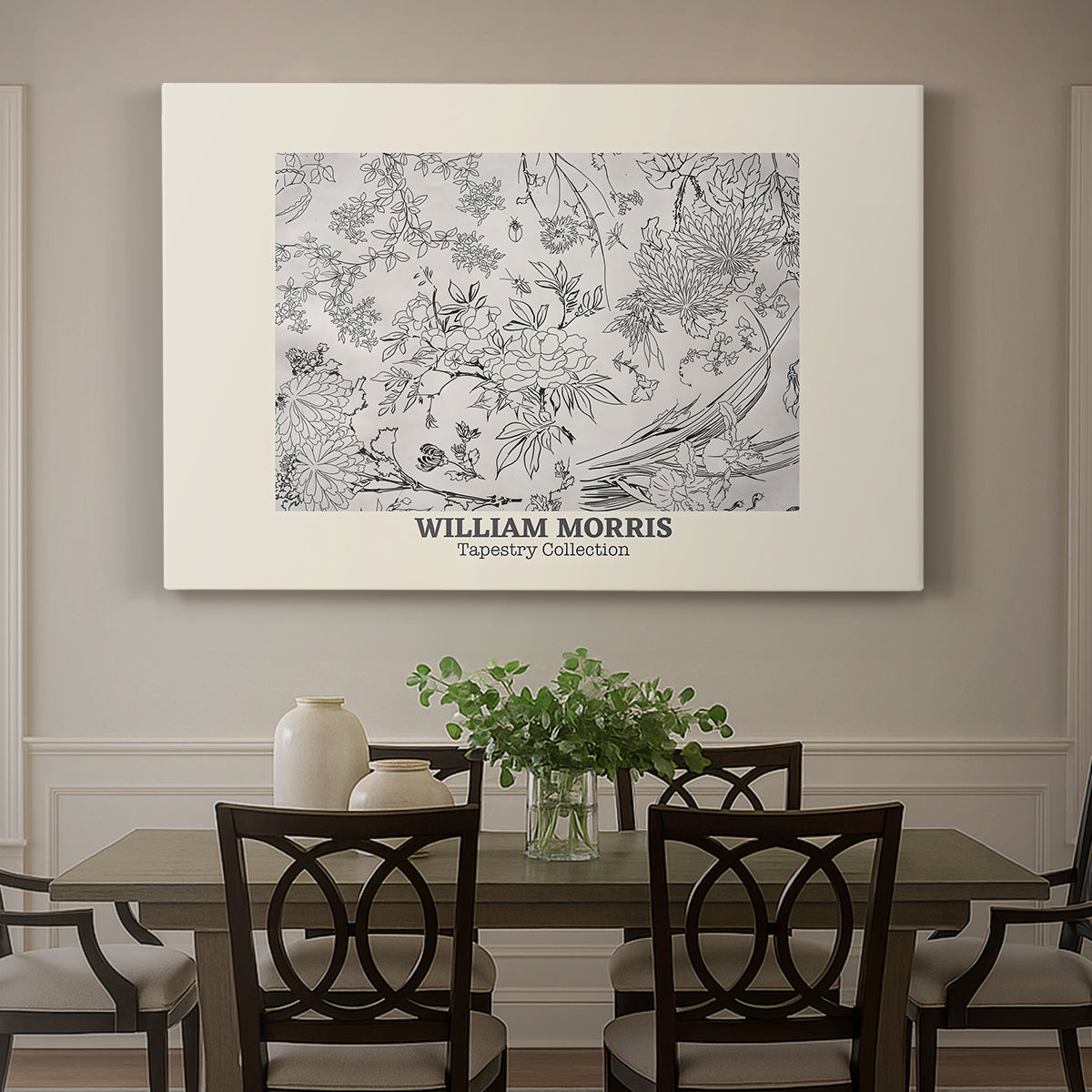 Canvas art print featuring a repeating floral pattern with delicate linework and evenly spaced blossoms, showcased as a statement wall artwork