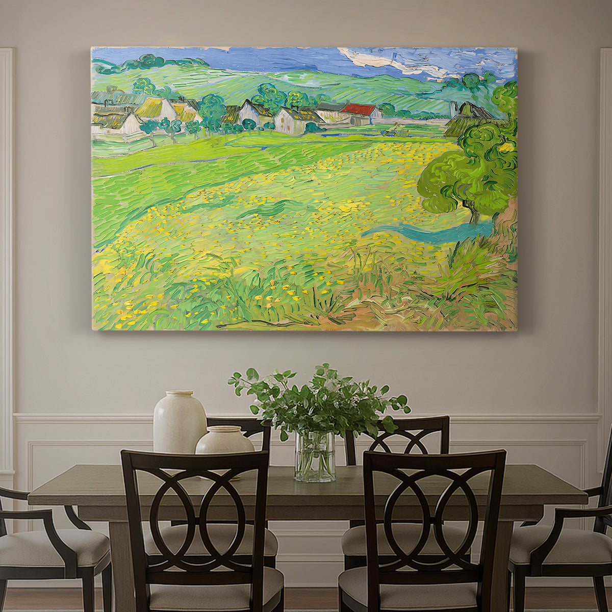 Canvas art print featuring a rolling hillside landscape with houses and fields under wide sky, showcased as a statement wall artwork