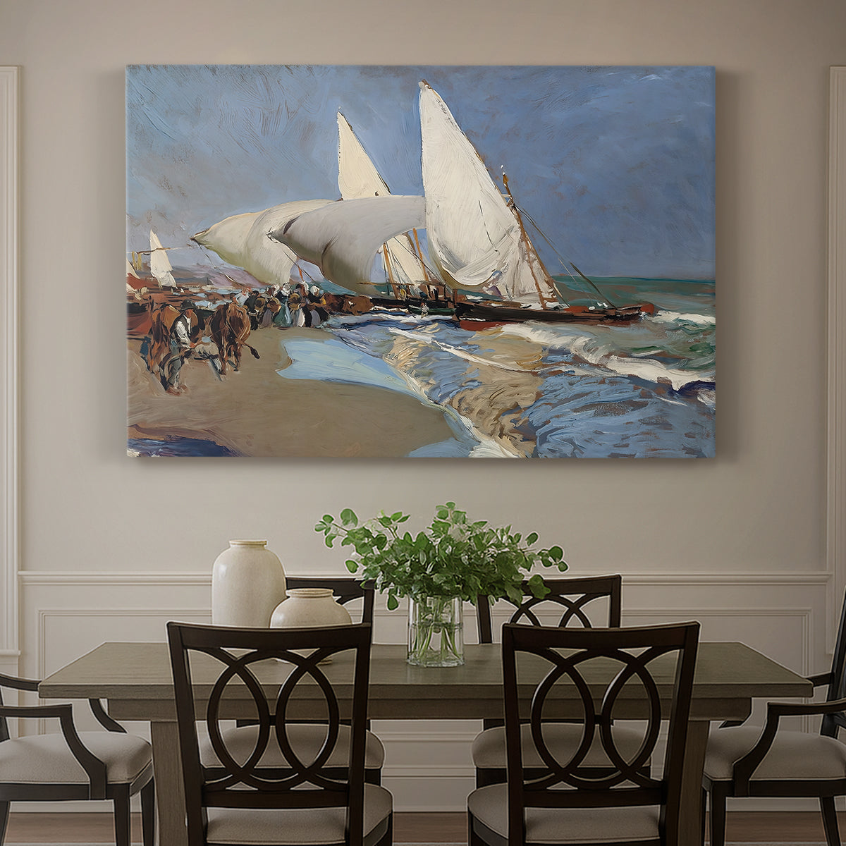 Canvas art print featuring boats and figures gathered along busy beach with sails and water, showcased as a statement wall artwork