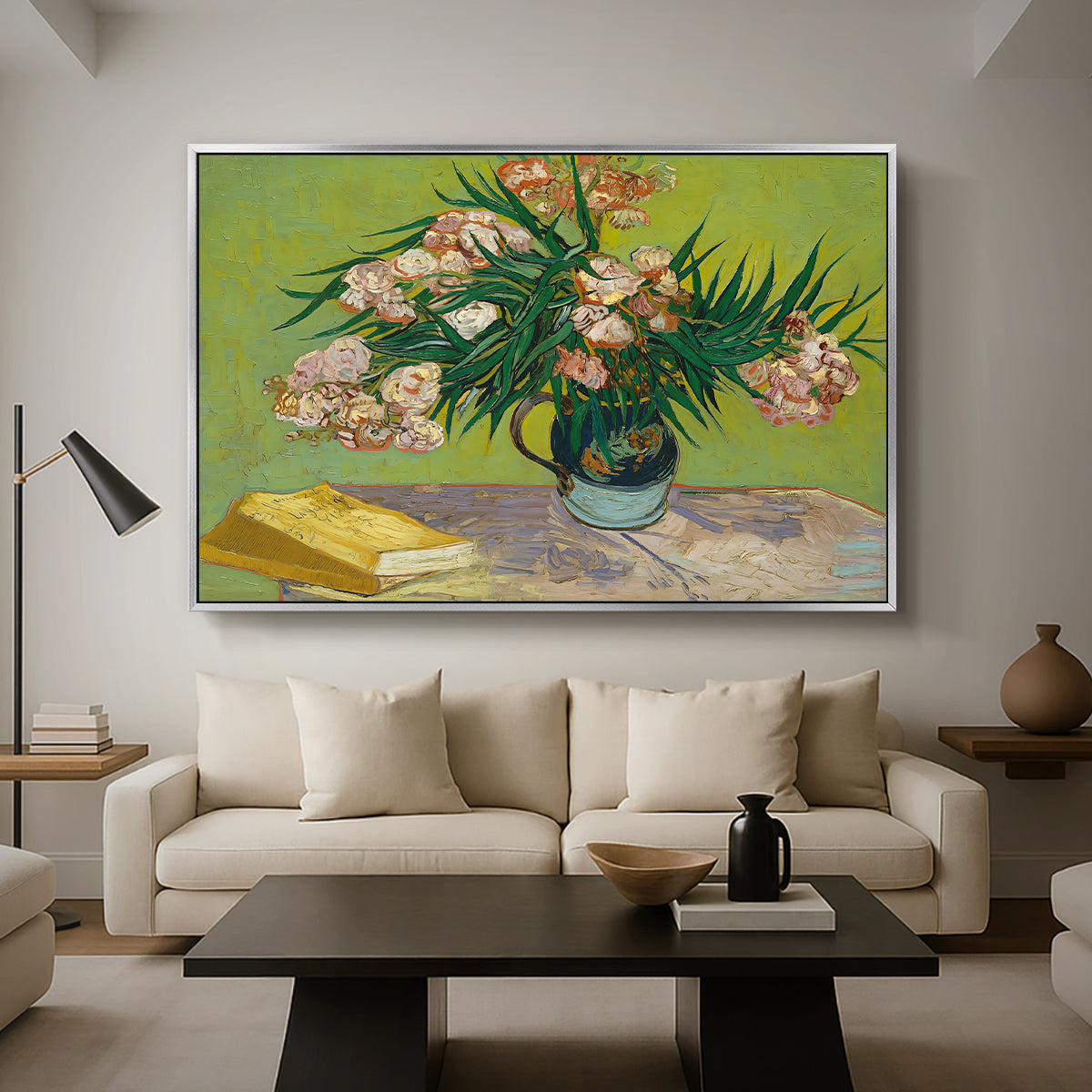 Vase with Oleanders and Books, 1888 - Floater Framed Canvas Print