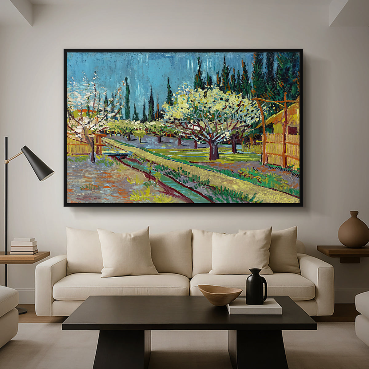 Orchard in Blossom, Bordered by Cypresses, 1888 - Floater Framed Canvas Print