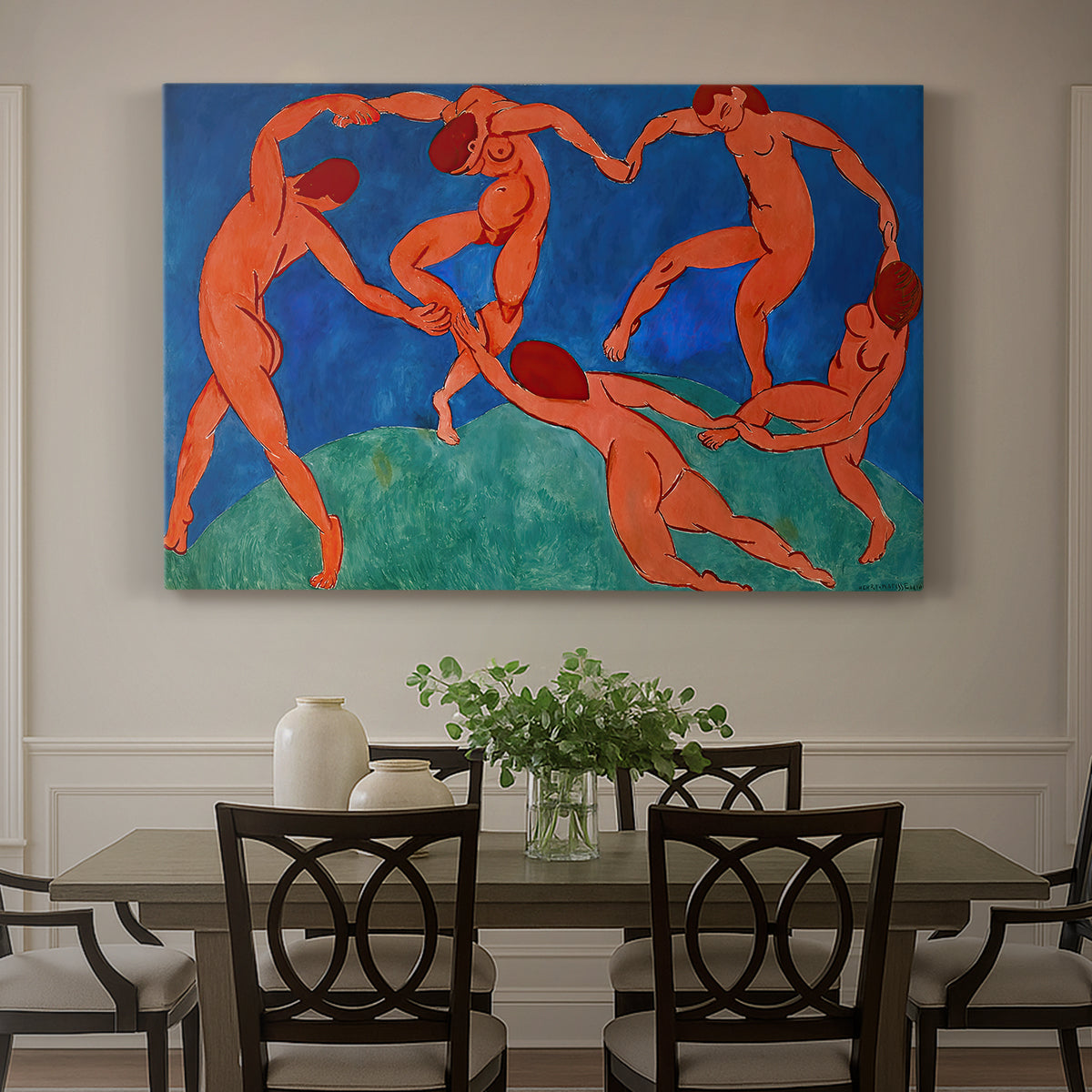 Canvas art print featuring dancing figures holding hands in a circular rhythm against a bold background, showcased as a statement wall artwork