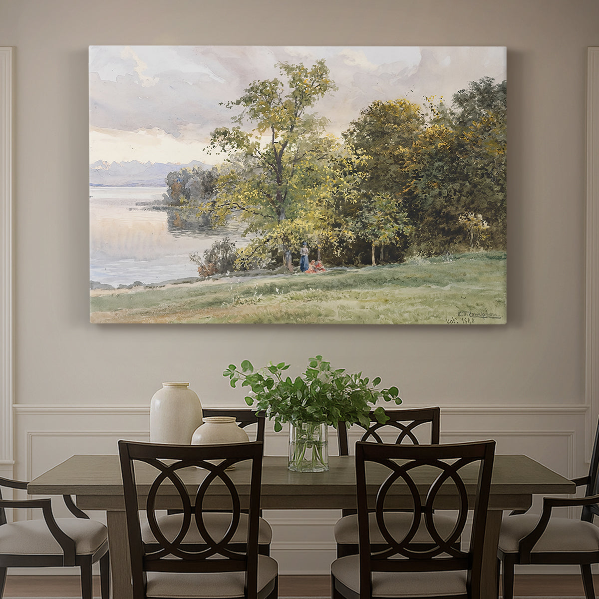 Canvas art print featuring a lakeside landscape with calm water and trees along shoreline, showcased as a statement wall artwork