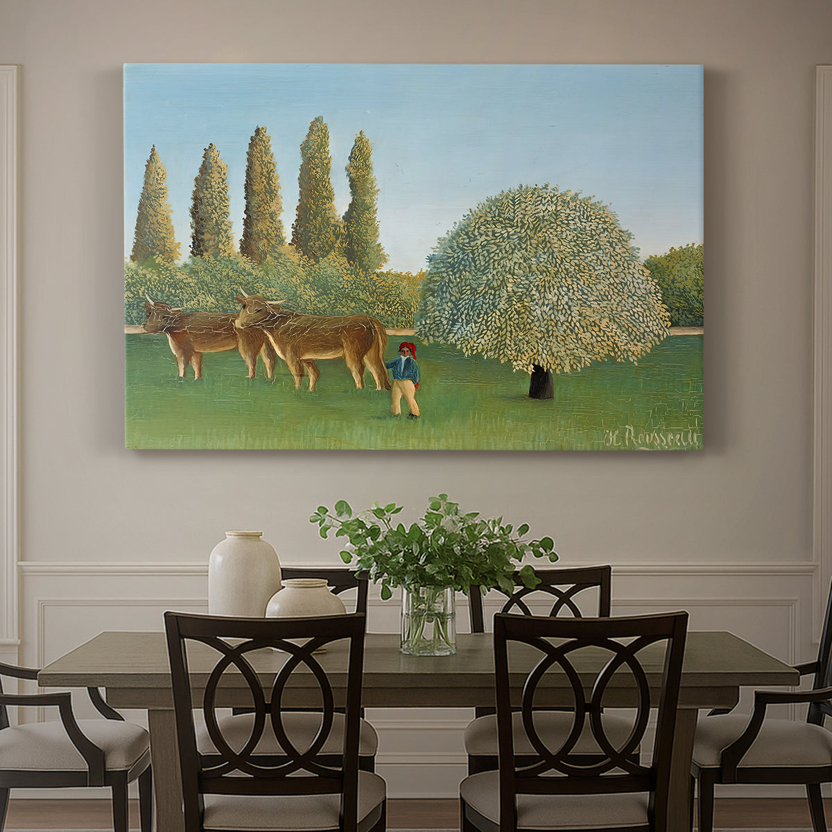 Canvas art print featuring grazing animals in open meadow with trees and simple landscape, showcased as a statement wall artwork