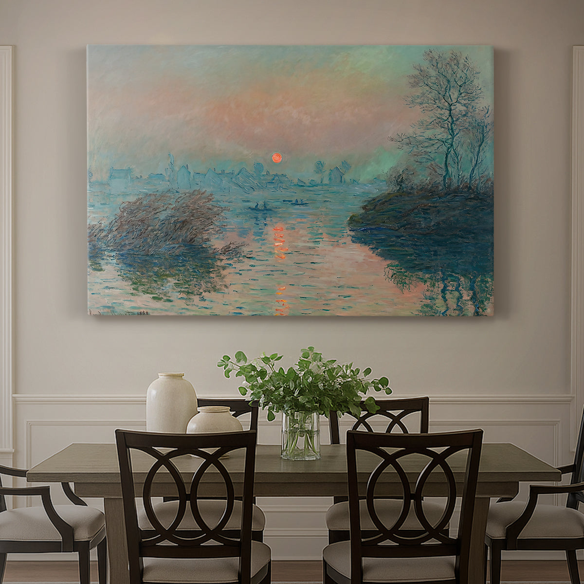 Canvas art print featuring a glowing sunset over snowy river landscape with soft reflections, showcased as a statement wall artwork