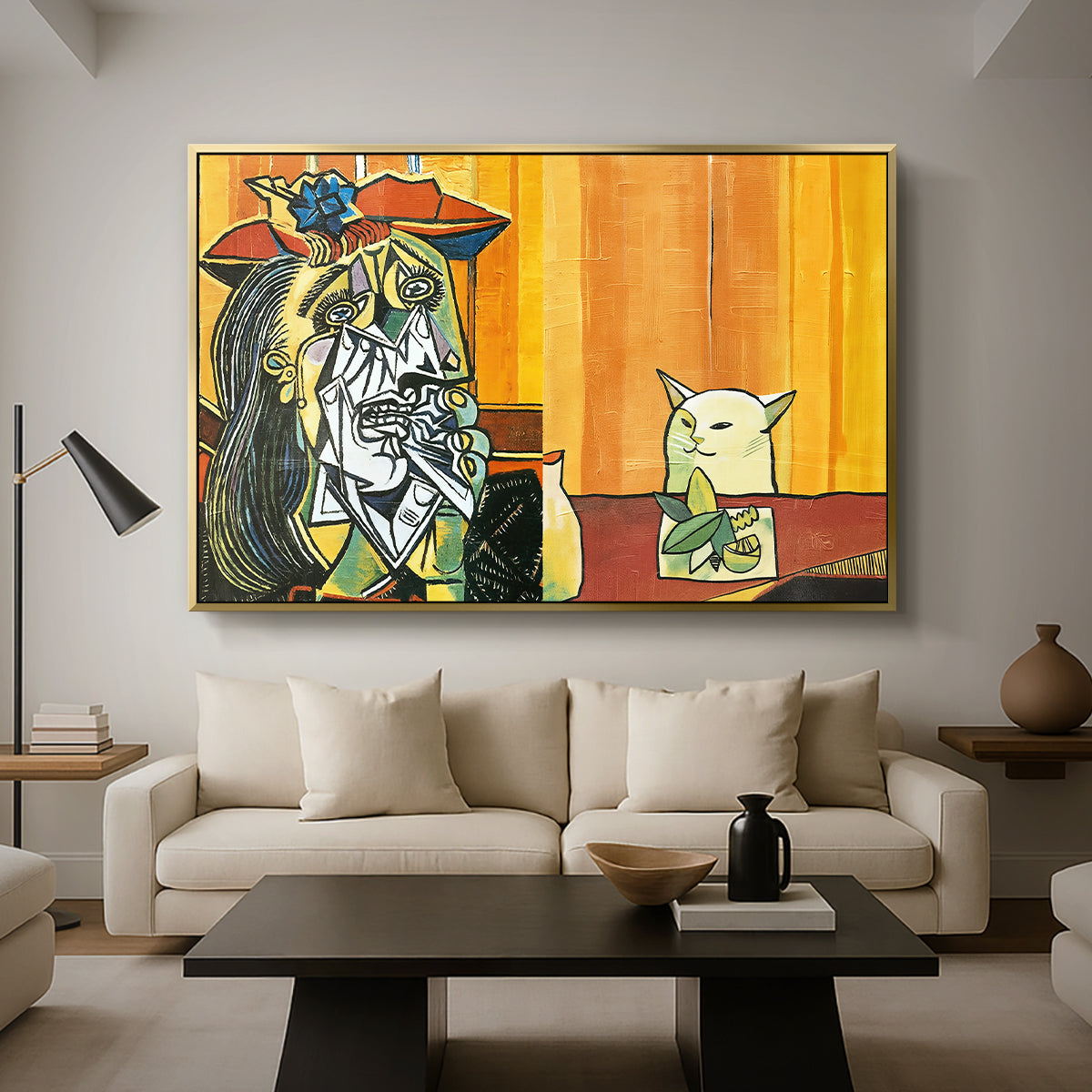 Woman Yelling at a Cat Meme (Picasso Parody) - Floater Framed Canvas Print