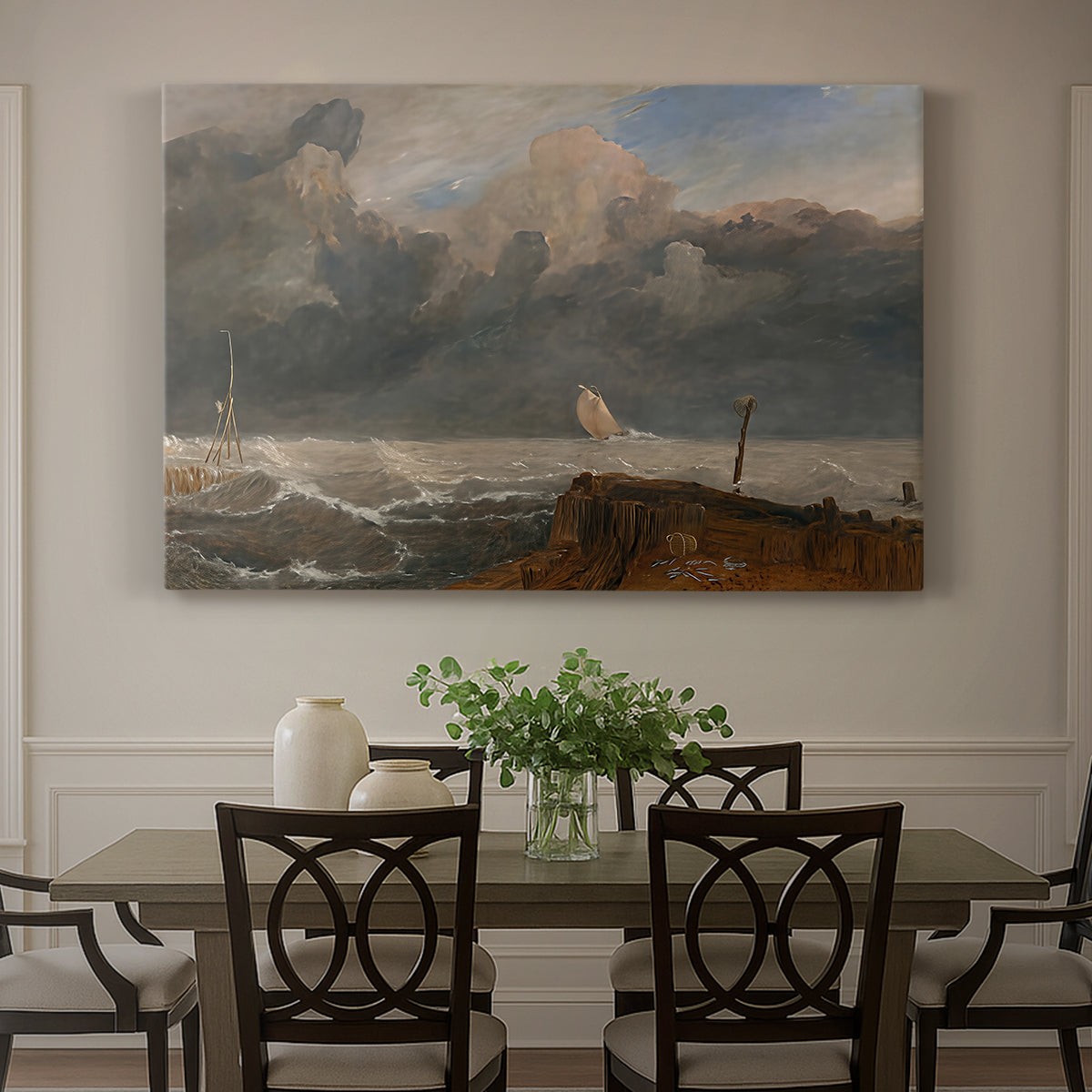 Canvas art print featuring a harbor scene with boats and waterfront structures, showcased as a statement wall artwork