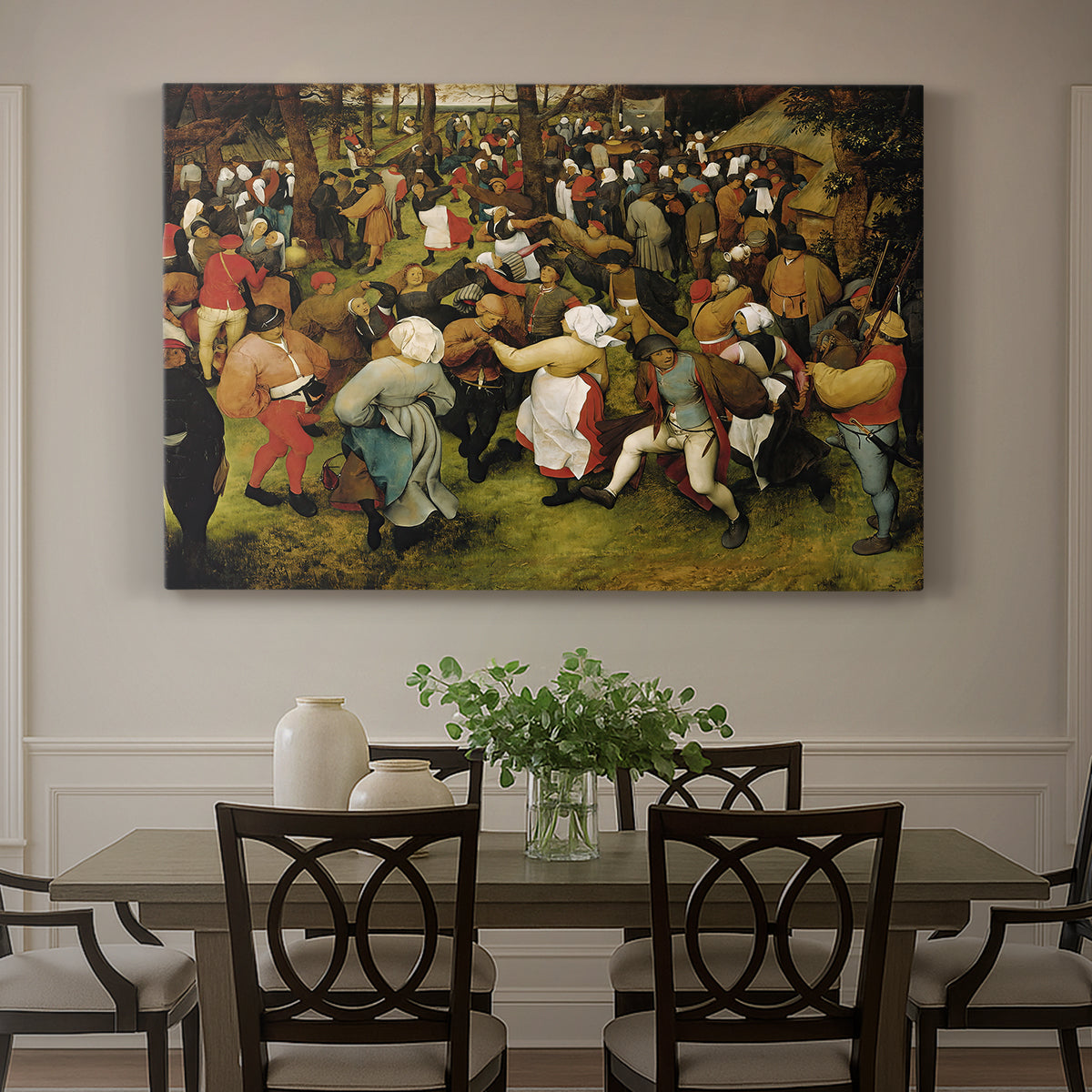 Canvas art print featuring figures dancing in crowded outdoor scene, showcased as a statement wall artwork