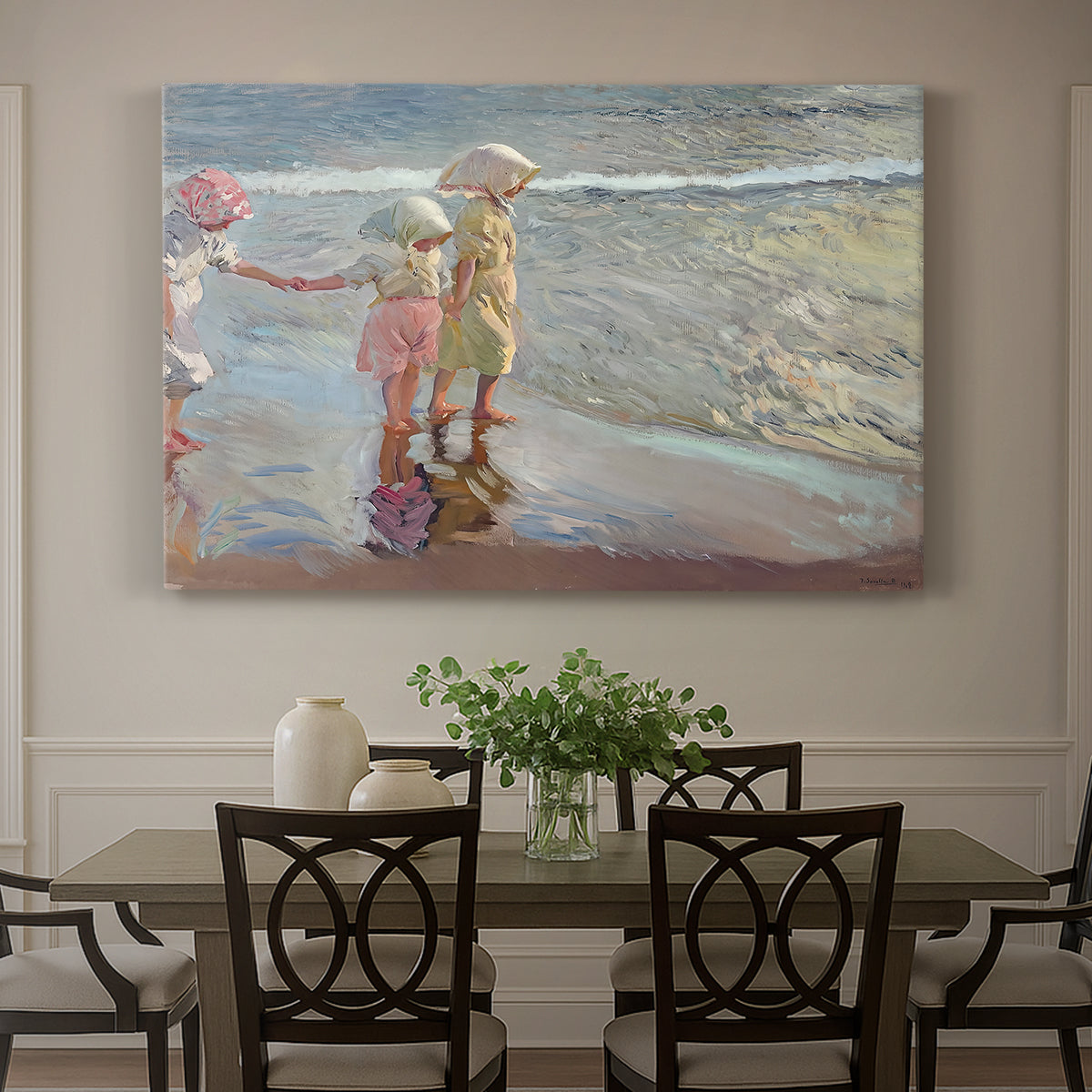 Canvas art print featuring three women standing together on beach in flowing dresses, showcased as a statement wall artwork