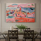 Canvas art print featuring a colorful coastal townscape with buildings, water, and bright rooftops, showcased as a statement wall artwork