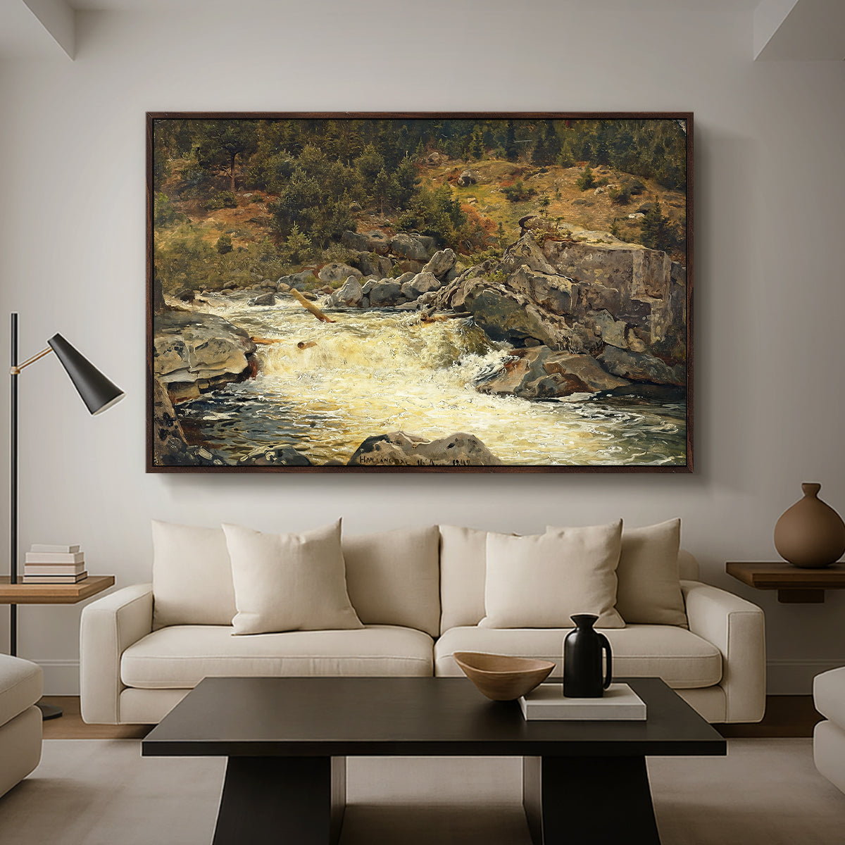 Waterfall in Hallingdal, 1848 - Floater Framed Canvas Print