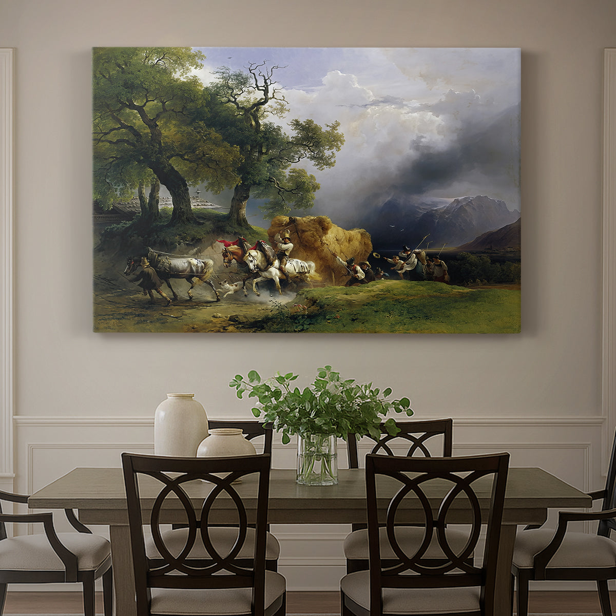 Canvas art print featuring a wagon loaded with hay moving through countryside, showcased as a statement wall artwork