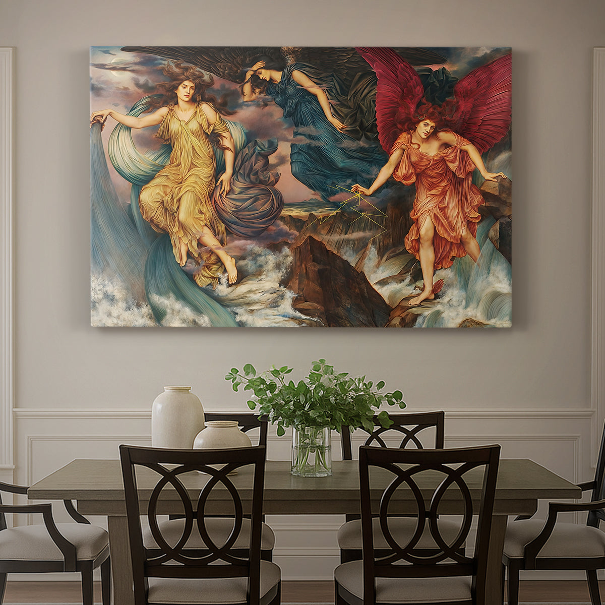 Canvas art print featuring multiple figures swirling through sky representing storm forces in motion, showcased as a statement wall artwork