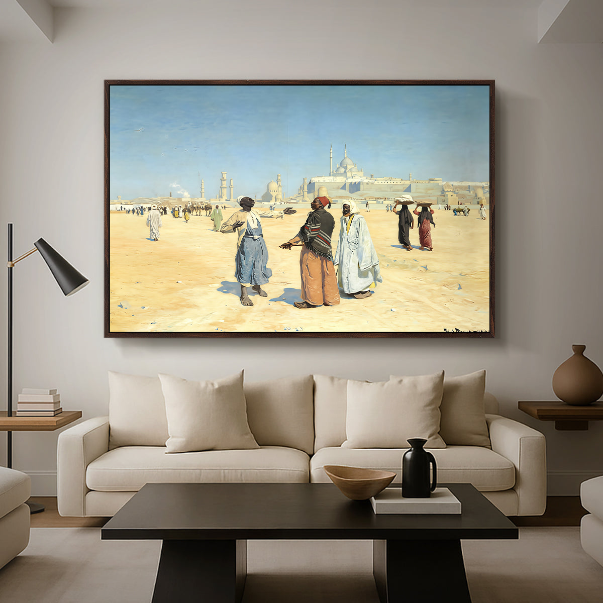 View from the Desert of Cairo with Citadel and Mamluk Tombs in the Background, c. 1889-1890 - Floater Framed Canvas Print