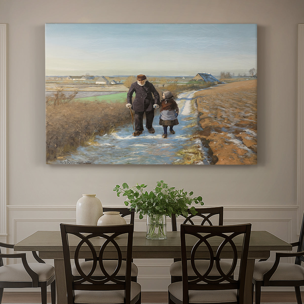 Canvas art print featuring an elderly man and child walking together along quiet rural path, showcased as a statement wall artwork