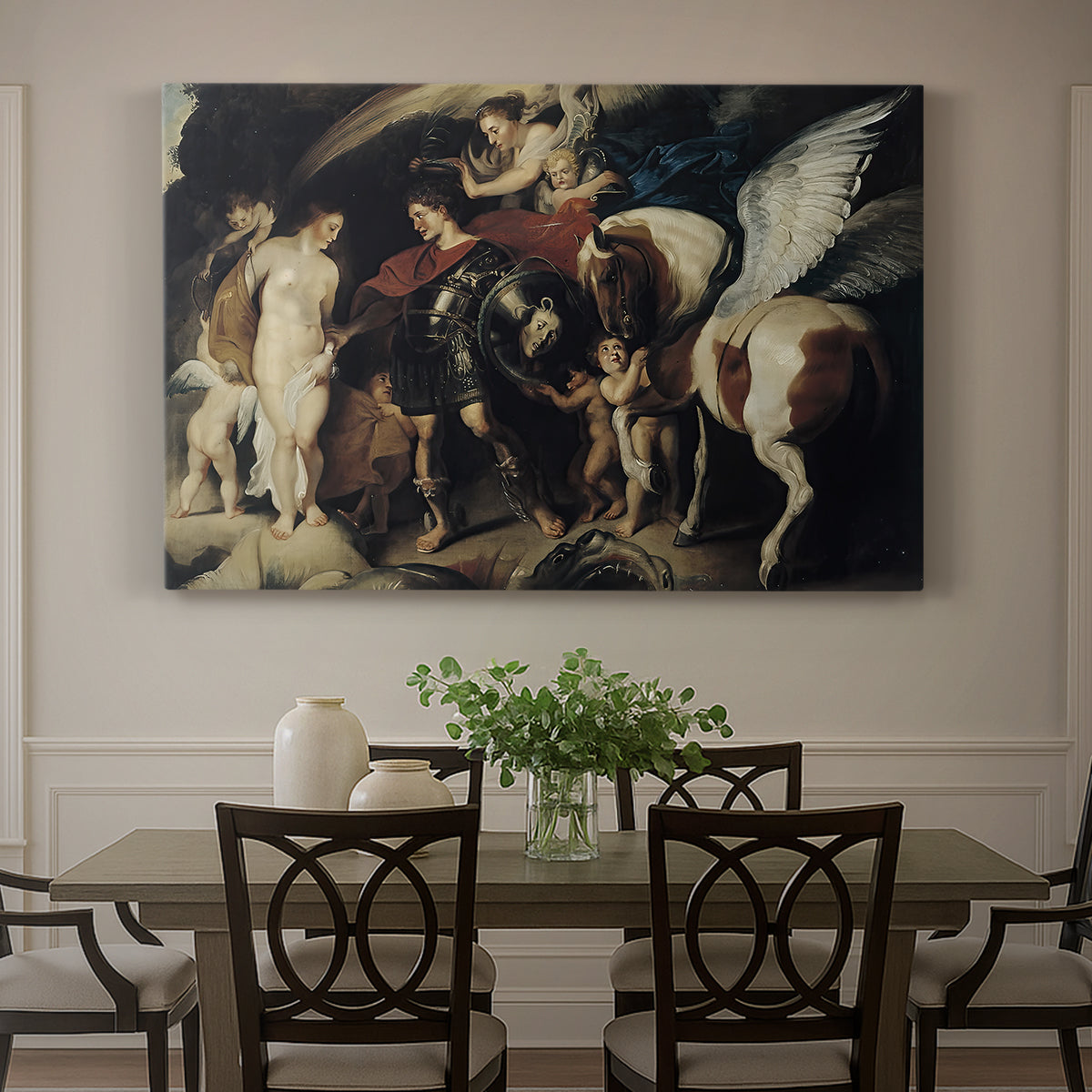 Canvas art print featuring Perseus rescuing Andromeda from chained position, showcased as a statement wall artwork