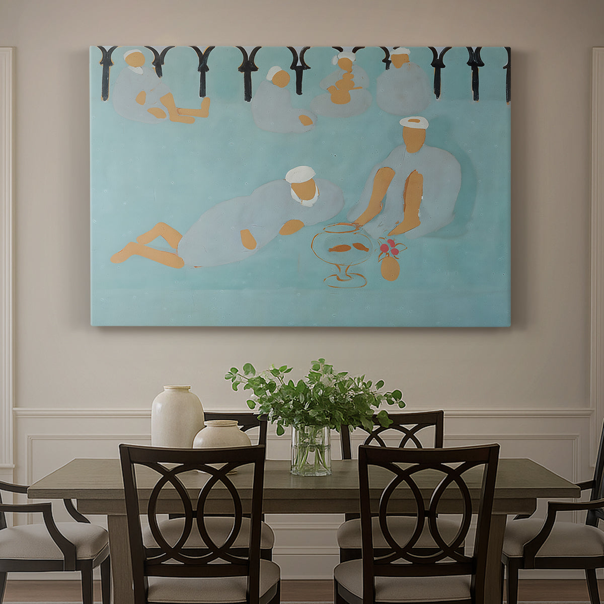 Canvas art print featuring an interior scene with seated figures in patterned, colorful environment, showcased as a statement wall artwork