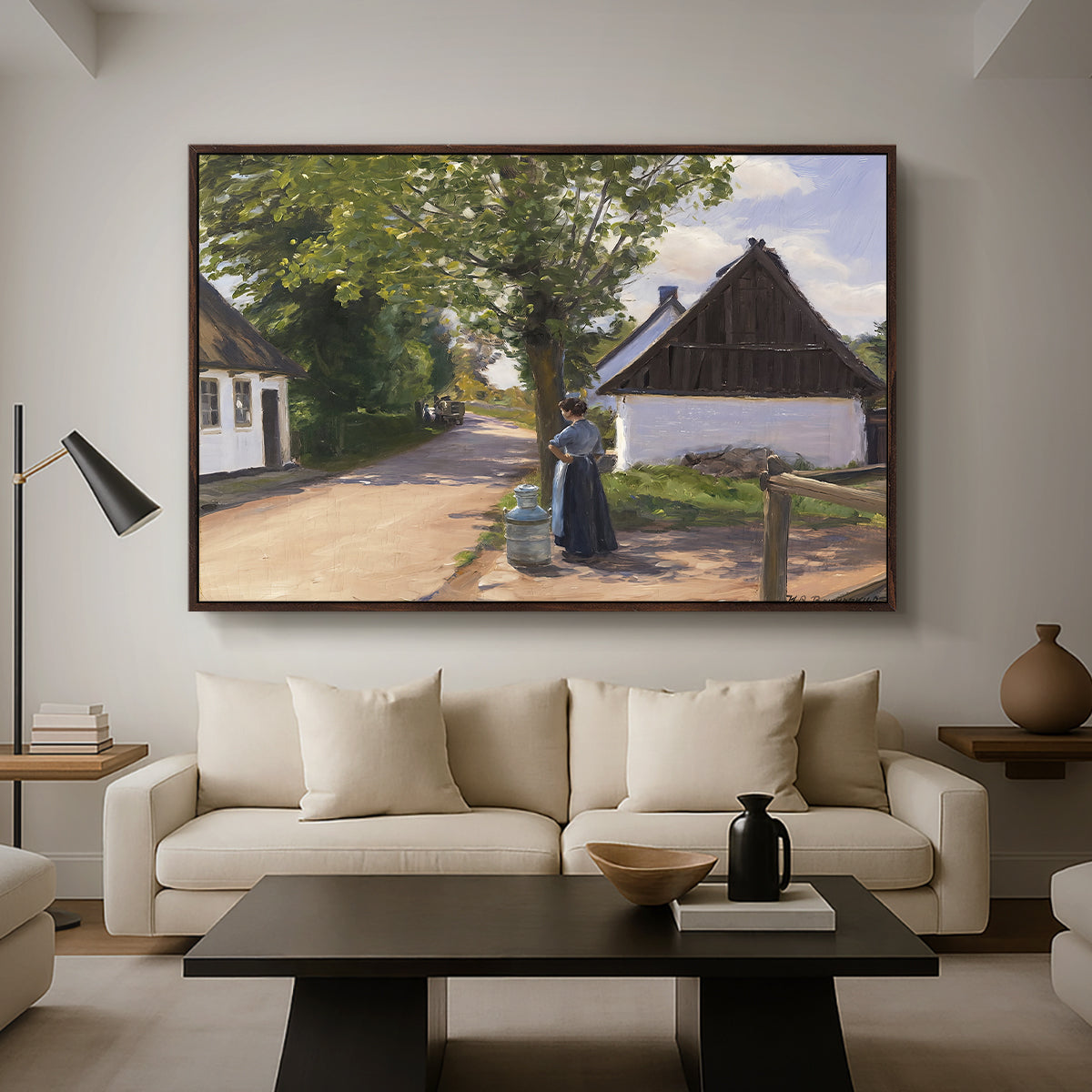 Danish Village Street with Woman and Milkman, 1880 - Floater Framed Canvas Print