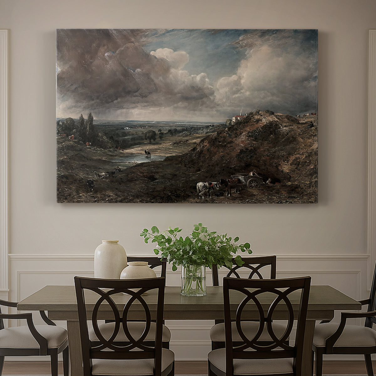 Canvas art print featuring a pond surrounded by trees under open sky, showcased as a statement wall artwork