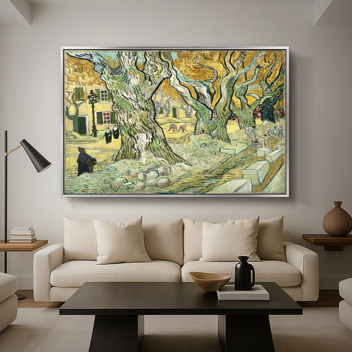 The Large Plane Trees (Road Menders at Saint-Rémy), 1889 - Floater Framed Canvas Print