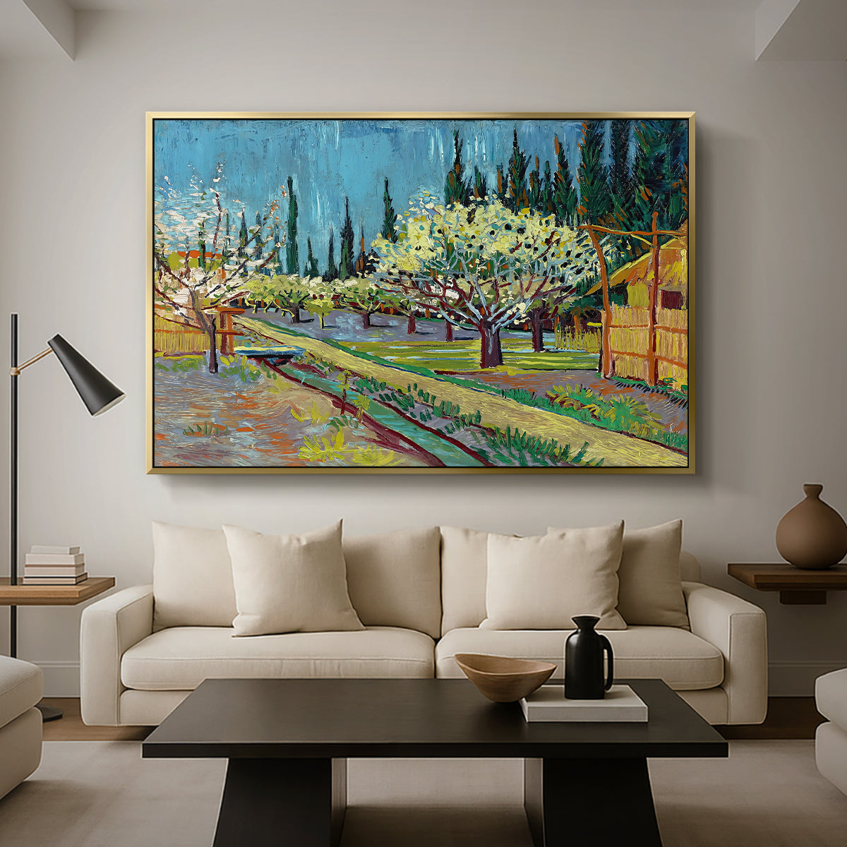 Orchard in Blossom, Bordered by Cypresses, 1888 - Floater Framed Canvas Print