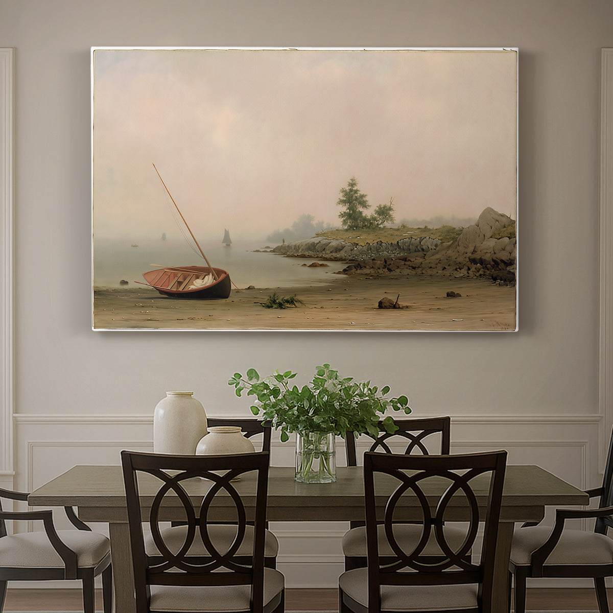 Canvas art print featuring a small boat resting on shoreline beside calm water and open sky, showcased as a statement wall artwork