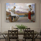 Canvas art print featuring a woman holding thread while another figure helps wind yarn in classical setting, showcased as a statement wall artwork