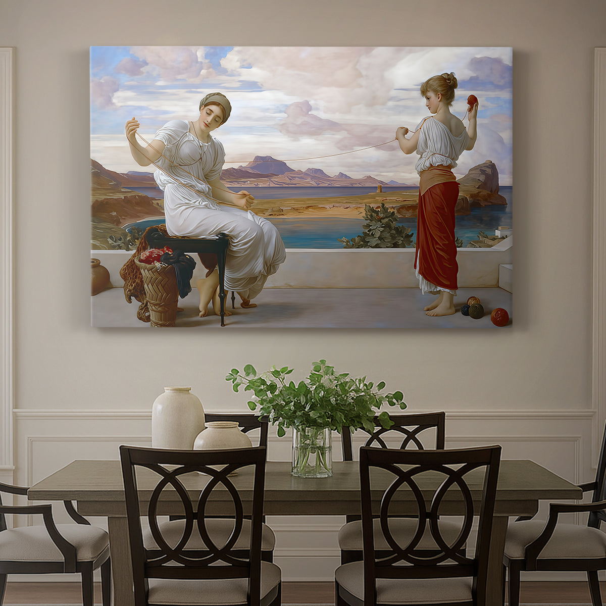 Canvas art print featuring a woman holding thread while another figure helps wind yarn in classical setting, showcased as a statement wall artwork