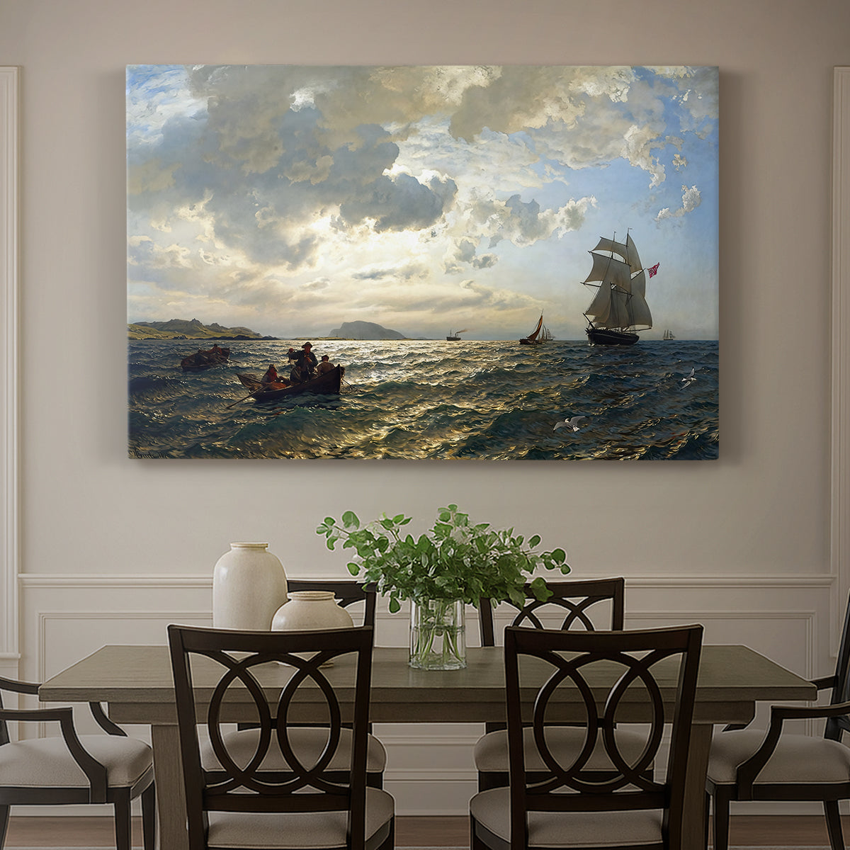 Canvas art print featuring a breezy coastal landscape with waves, boats, and open sky, showcased as a statement wall artwork