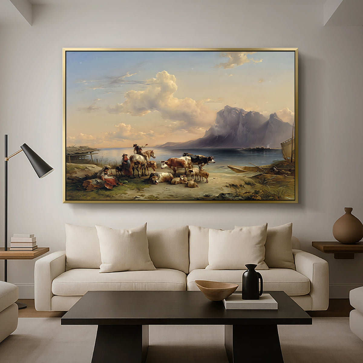 Shepherds and Cattle on Lake Attersee, 1852 - Floater Framed Canvas Print