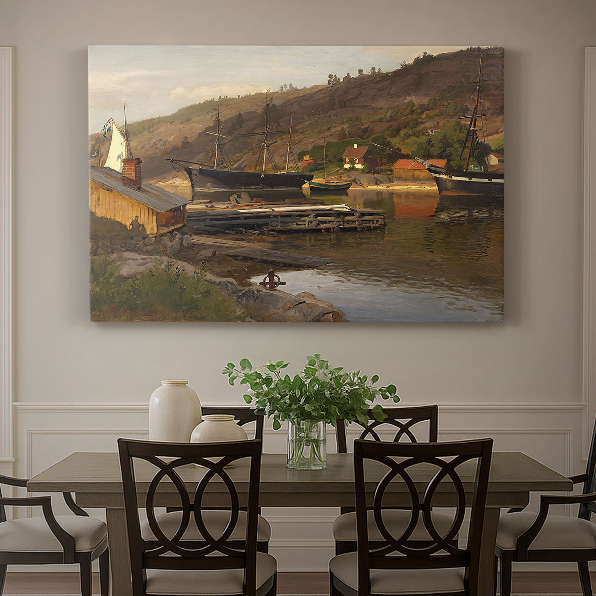 Canvas art print featuring a small harbor with boats docked along shoreline near buildings, showcased as a statement wall artwork