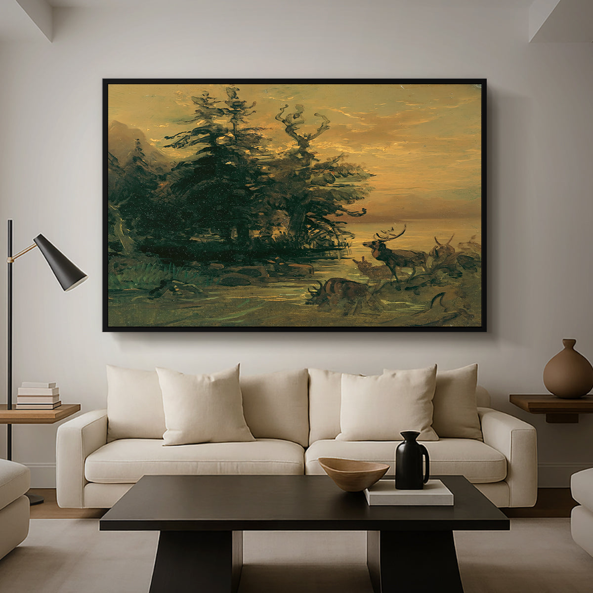 Wallowing Deer on the Shore of a Mountain Lake, c. 1850 - Floater Framed Canvas Print