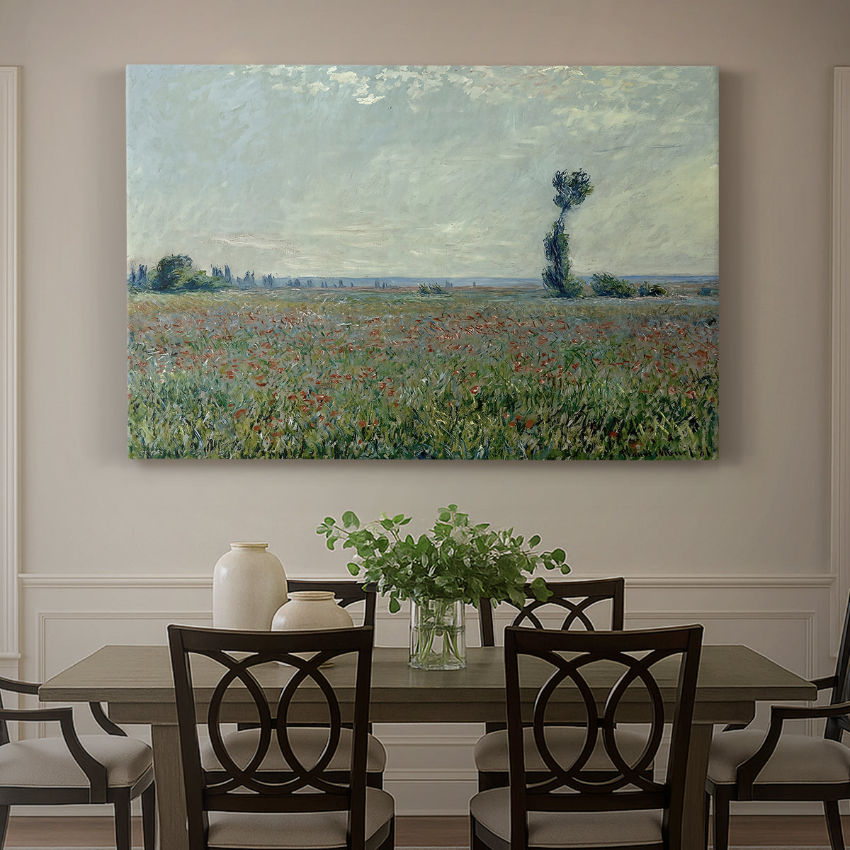 Canvas art print featuring a wide field of red poppies stretching across countryside under open sky, showcased as a statement wall artwork