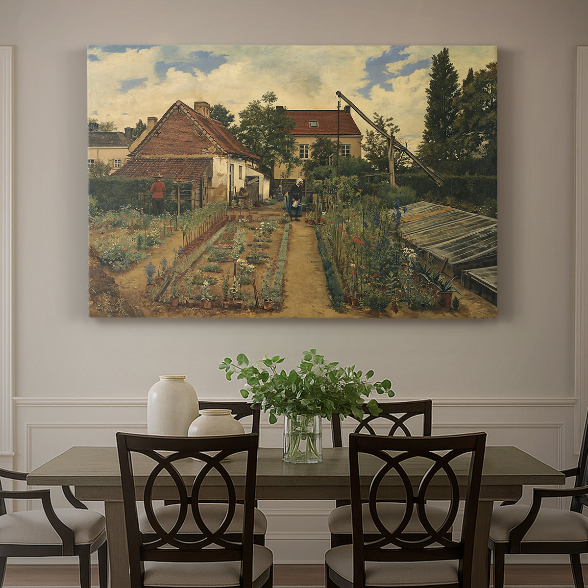 Canvas art print featuring a flower garden with plants and building in structured outdoor setting, showcased as a statement wall artwork
