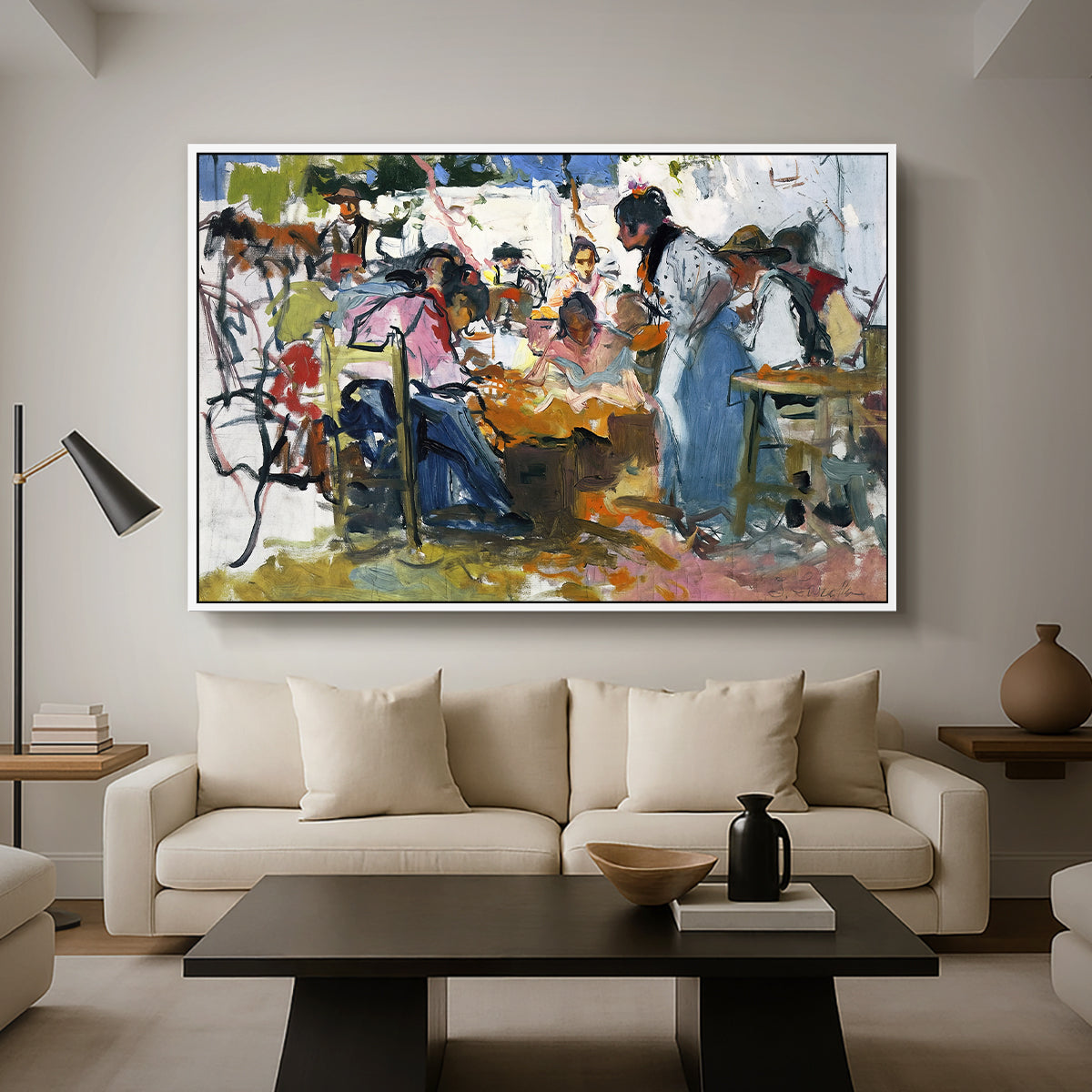Net Menders in Valencia, 1909 - Floater Framed Canvas Print