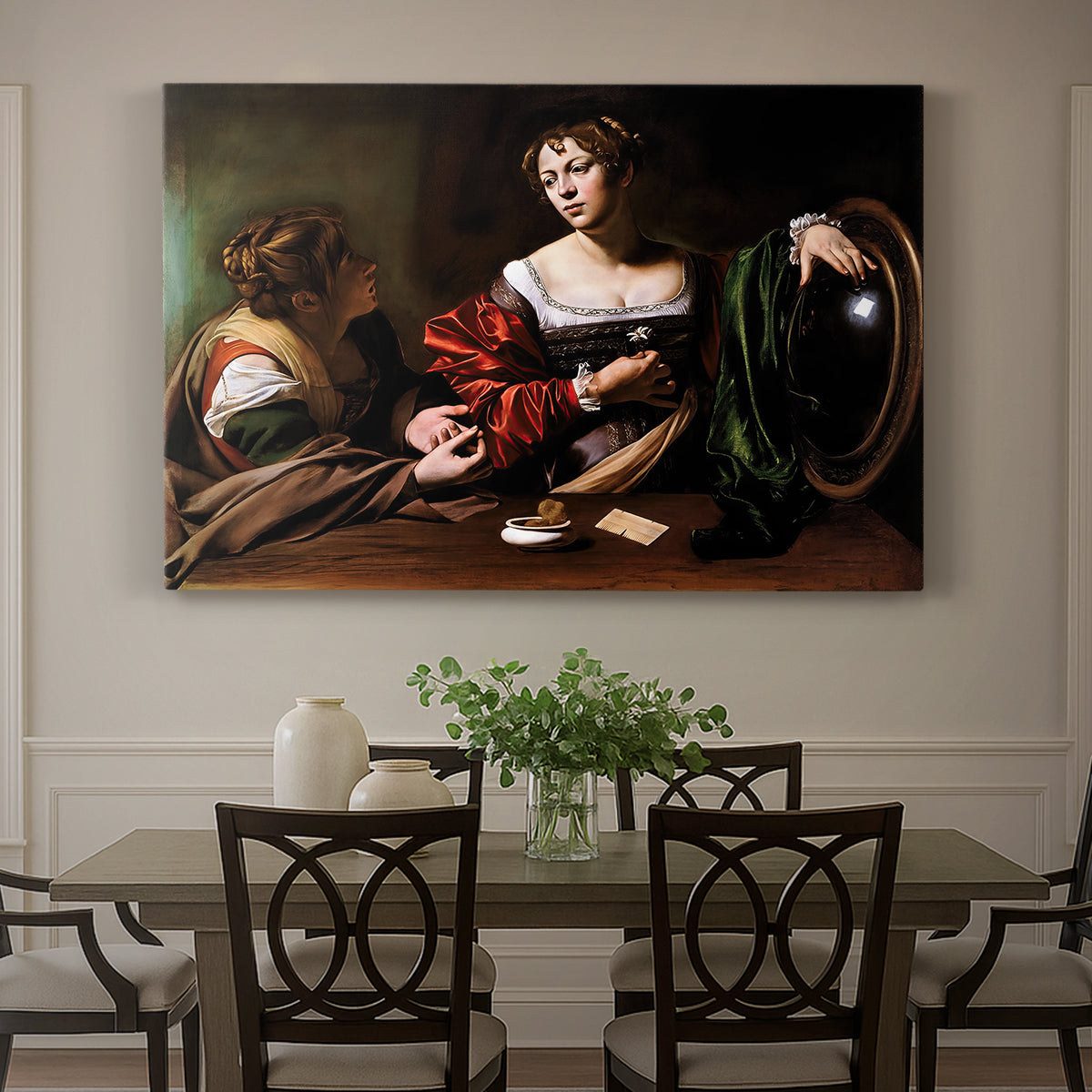 Canvas art print featuring a two women seated together in conversation with symbolic objects on table, showcased as a statement wall artwork