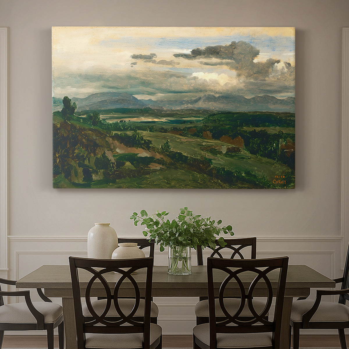 Canvas art print featuring a town set within landscape with cliffs and surrounding countryside, showcased as a statement wall artwork