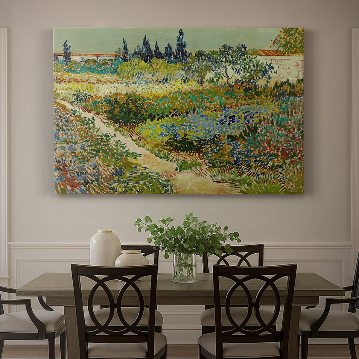 Canvas art print featuring a lush garden filled with plants and flowers arranged in bright sunlight, showcased as a statement wall artwork