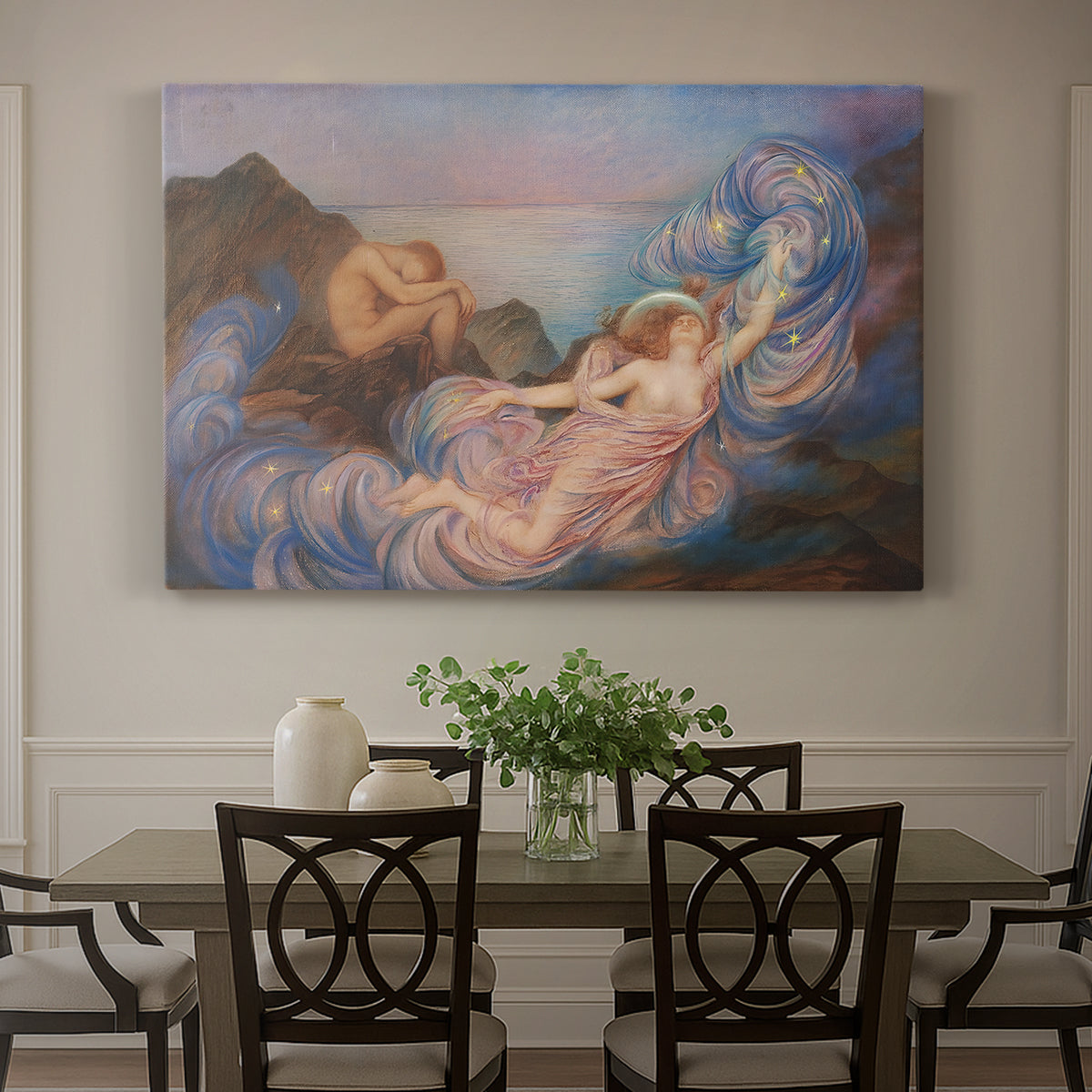 Canvas art print featuring a reclining female figure beneath glowing sky at twilight with soft colors, showcased as a statement wall artwork