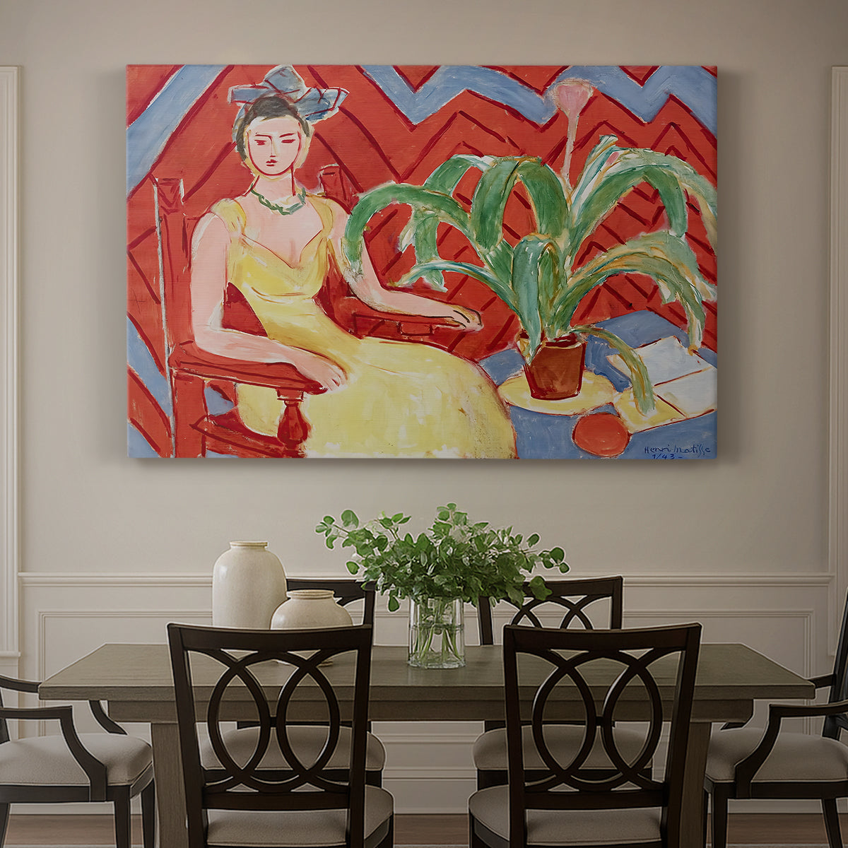 Canvas art print featuring a seated woman in a vivid interior with bold color contrasts, showcased as a statement wall artwork