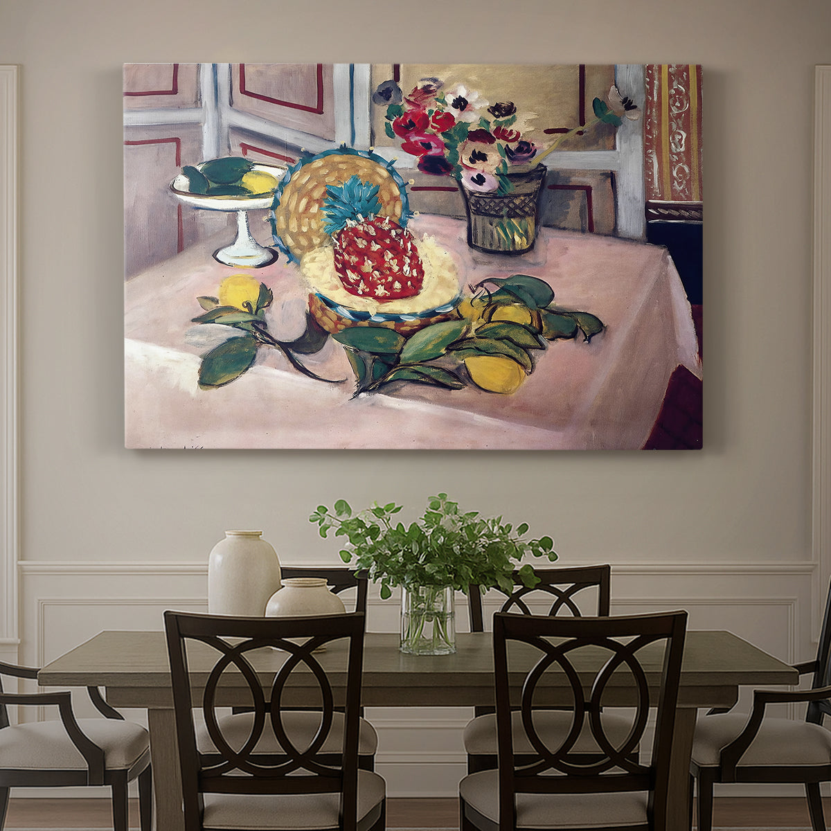 Canvas art print featuring a tabletop still life with pineapple, lemons, and fruit, showcased as a statement wall artwork