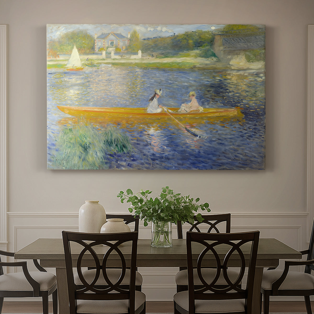 Canvas art print featuring two figures seated in a small boat drifting across calm water, showcased as a statement wall artwork