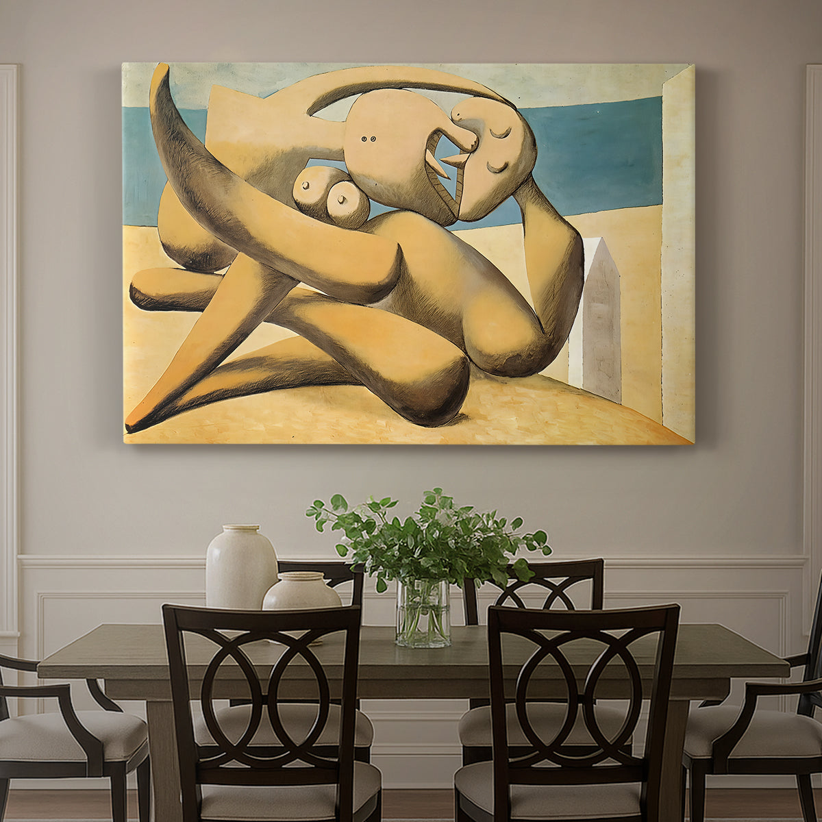 Canvas art print featuring abstracted figures embracing near shoreline, showcased as a statement wall artwork