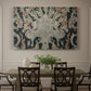 Canvas art print featuring a dense repeating pattern with animals, plants, and decorative elements across fabric, showcased as a statement wall artwork